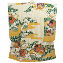 Load image into Gallery viewer, Furisode Vintage(1950-1980) Pale Yellow Butterfly Plum blossom Peony Silk #10565B4
