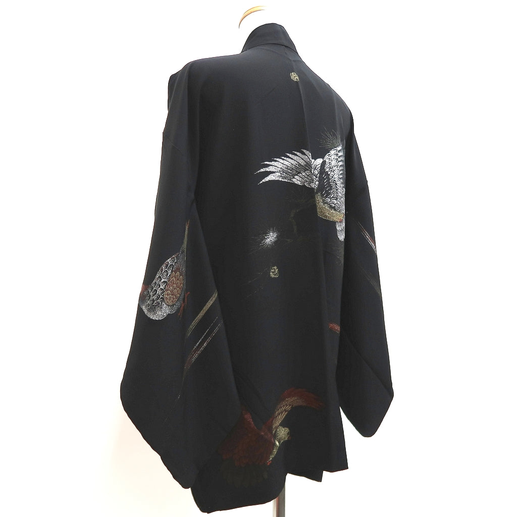 Haori Jacket Vintage(1950-1980) Black Silver Gold Pigeon Silk #10085D1