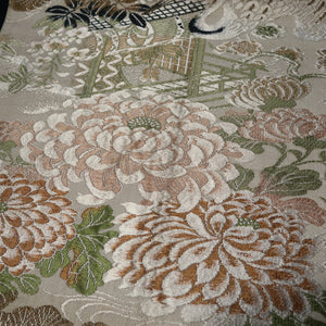 BB10039AC Silk Obi Fabric Vintage(1920-1950) Crane Birds Brown 72.0x11.4in(183x29cm)