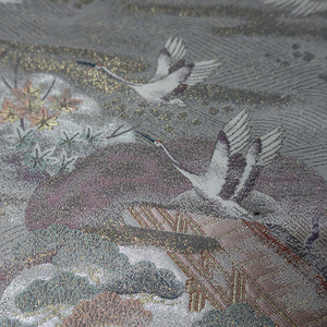 BB10079AF Silk Obi Fabric Heian Princess Crane Birds Silver 50.8x10.6in(129x27cm)
