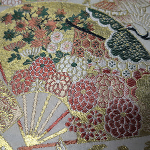BB10049AD Silk Obi Fabric Crane Birds White Red 72.0x10.6in(183x27cm)