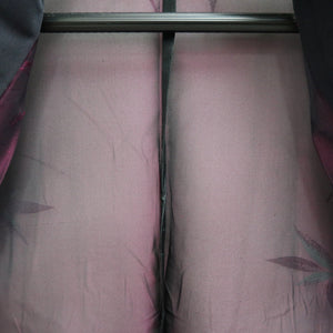 Kimono Vintage(1950-1980) Black Magenta See-Through Leaves Silk #10277E4