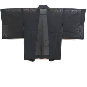 Haori Jacket Vintage(1950-1980) Black Red See-Through Flower Embroidery Silk #10220E2