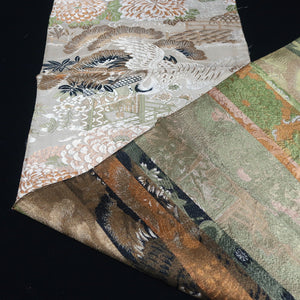 BB10039AC Silk Obi Fabric Vintage(1920-1950) Crane Birds Brown 72.0x11.4in(183x29cm)