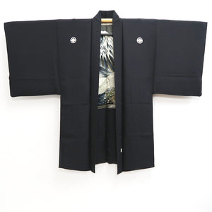 Men's Haori Vintage(1950-1980) Black Mt. Fuji Dragon Tiger Silk #10286E4