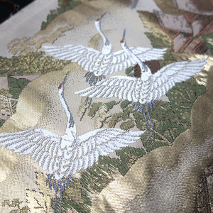 BB10019AB Silk Obi Fabric Crane Birds Gold 58.7x11.0in(149x28cm)