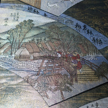 Load image into Gallery viewer, BB10008AB Silk Obi Fabric Ukiyoe Tokaido Green Gold 54.7x11.0in(139x28cm)
