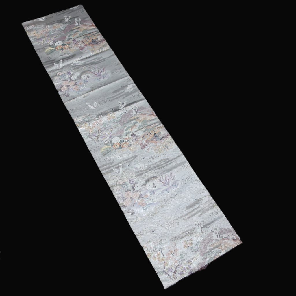 BB10080AF Silk Obi Fabric Heian Princess Crane Birds Silver 50.8x10.6in(129x27cm)