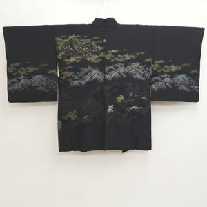 Haori Jacket Vintage(1950-1980) Black Gold Mountain Tree Landscape Silk #10009C3