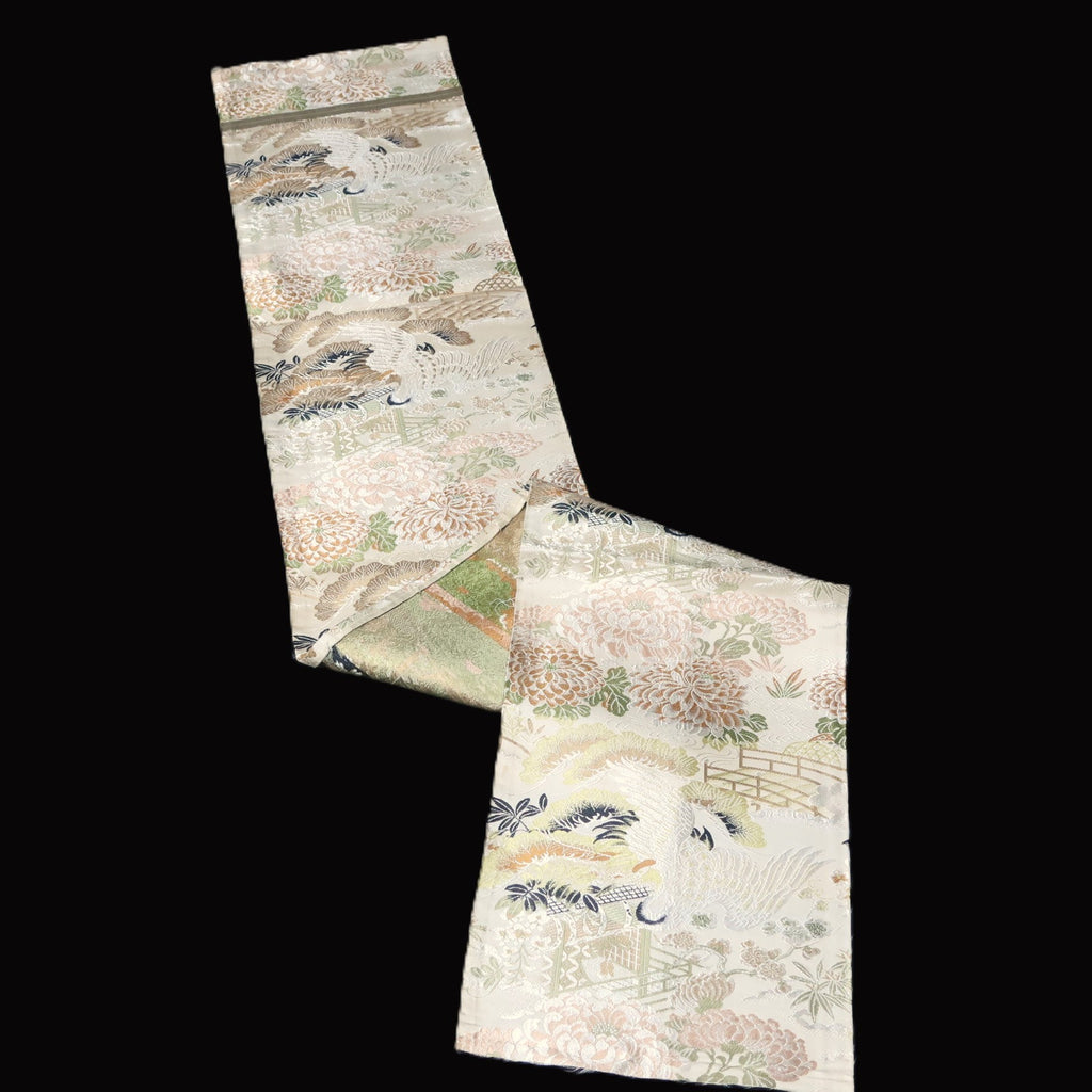 BB10040AC Silk Obi Fabric Vintage(1920-1950) Crane Birds Brown 72.8x11.4in(185x29cm)