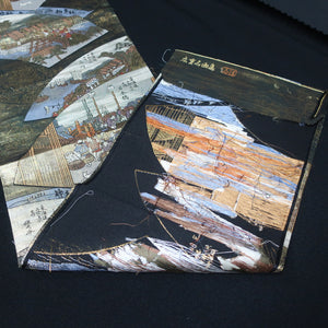 BB10008AB Silk Obi Fabric Ukiyoe Tokaido Green Gold 54.7x11.0in(139x28cm)