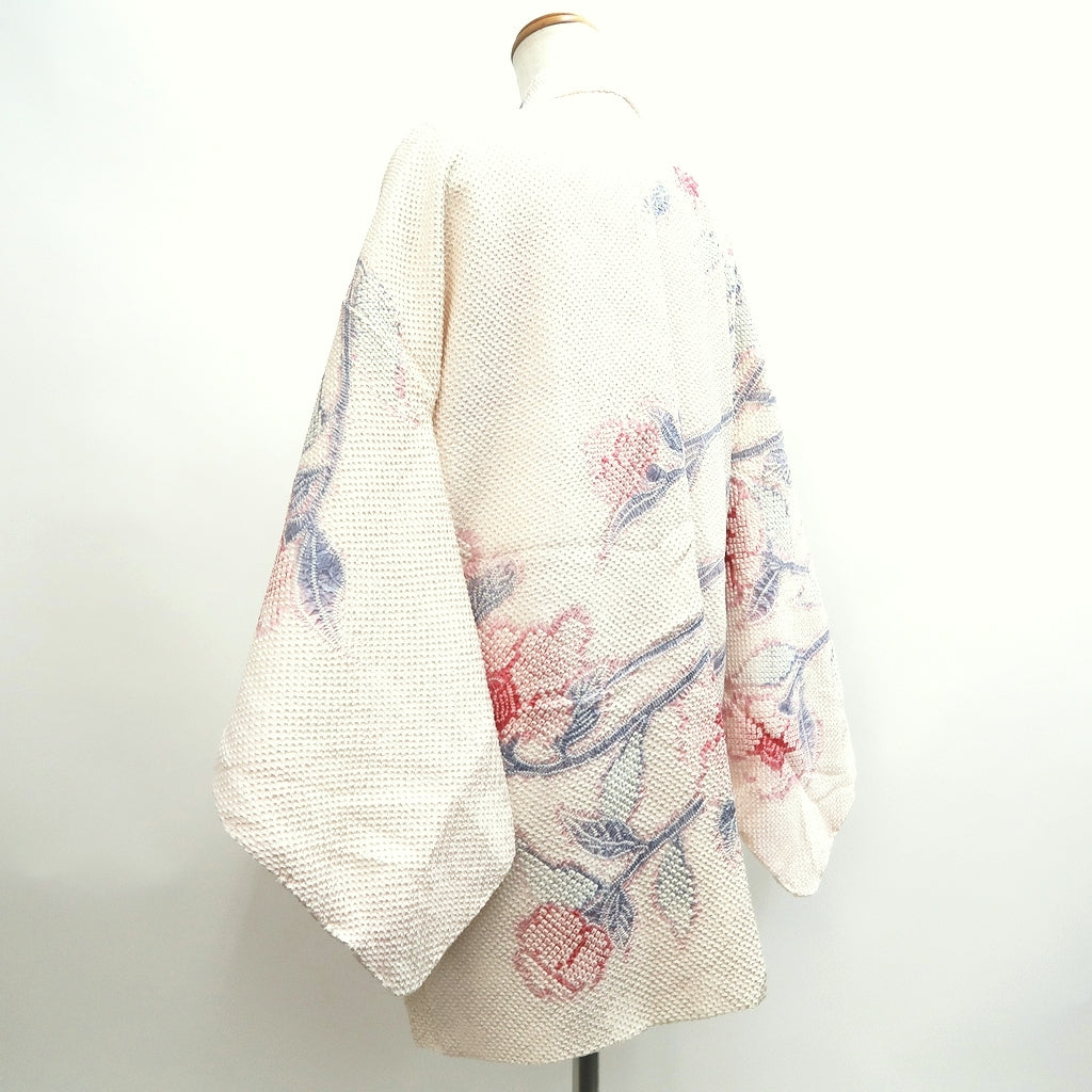 Haori Jacket Vintage(1950-1980) White Pink Shibori Camellia Silk #10025C4