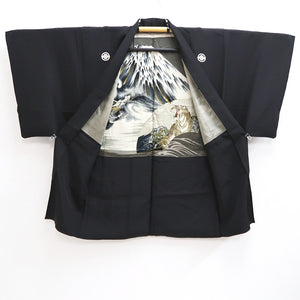 Men's Haori Vintage(1950-1980) Black Mt. Fuji Dragon Tiger Silk #10286E4