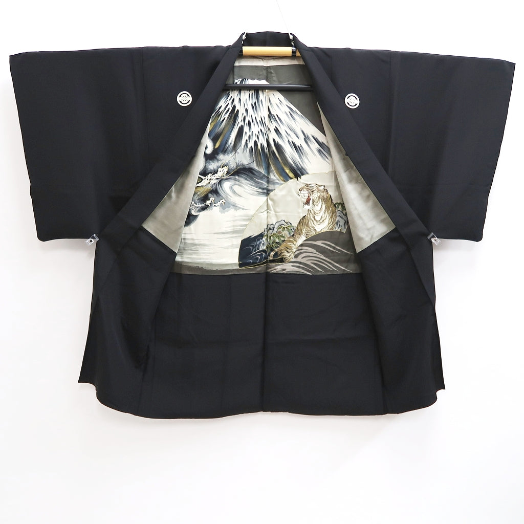 Men's Haori Vintage(1950-1980) Black Mt. Fuji Dragon Tiger Silk #10286E4