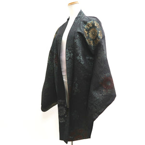 Haori Jacket Vintage(1950-1980) Black Gold Silver Flower Silk #10055C5