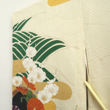 Load image into Gallery viewer, Furisode Vintage(1950-1980) Pale Yellow Butterfly Plum blossom Peony Silk #10565B4
