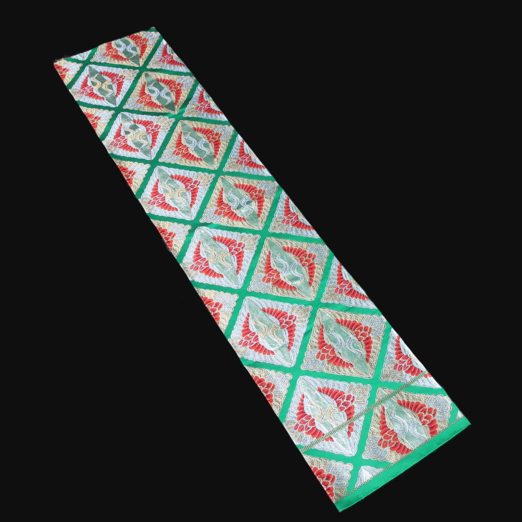 BB10070AE Silk Obi Fabric Crane Birds Green Gold 49.2x10.2in(125x26cm)