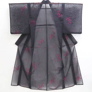 Kimono Vintage(1950-1980) Black Magenta See-Through Leaves Silk #10277E4