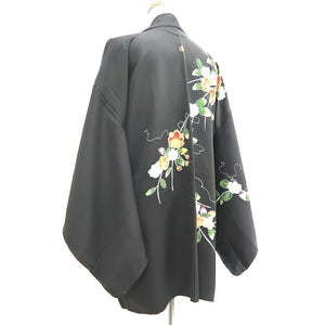 Haori Jacket Vintage(1950-1980) Grayish Black Flower Branch Silk #9732A2