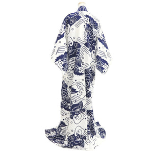 Yukata Vintage(1950-1980) White Navy Curling Wave Shachihoko Cotton #10479A5