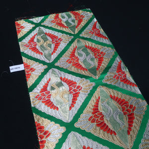 BB10070AE Silk Obi Fabric Crane Birds Green Gold 49.2x10.2in(125x26cm)