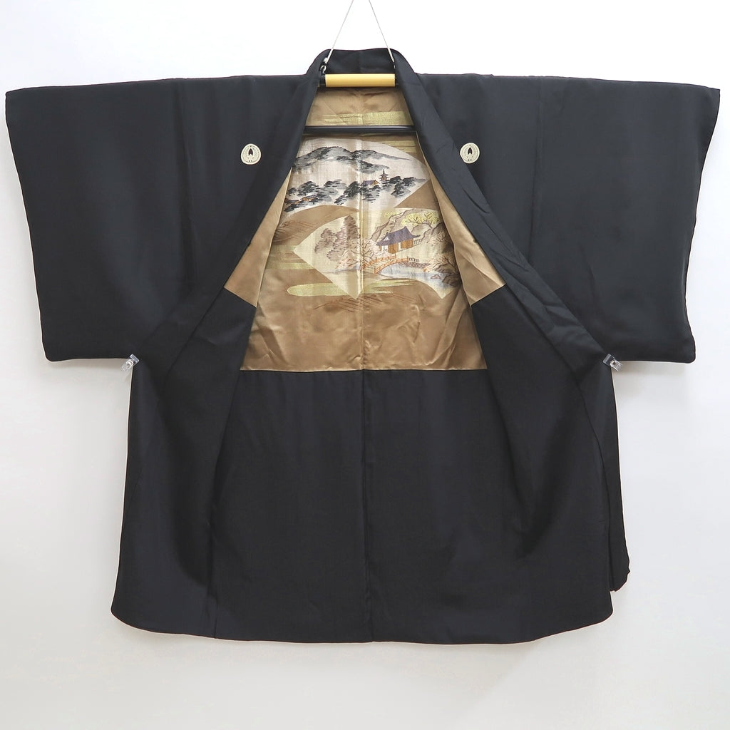 Men's Haori Vintage(1950-1980) Black Montsuki Temple Landscape Silk #9821B1