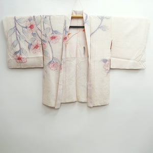 Haori Jacket Vintage(1950-1980) White Pink Shibori Camellia Silk #10025C4