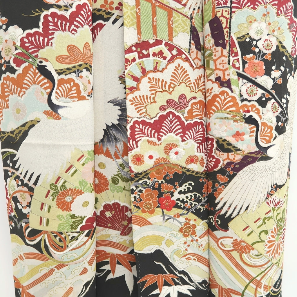 Tomesode Vintage(1920-1950) Black Crane Birds Hand painted Silk #10496B1