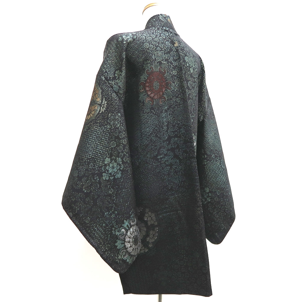 Haori Jacket Vintage(1950-1980) Black Gold Silver Flower Silk #10055C5