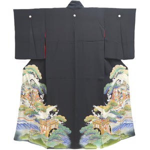 Tomesode Vintage(1920-1950) Black Hand painted Crane Birds Silk #10405A1