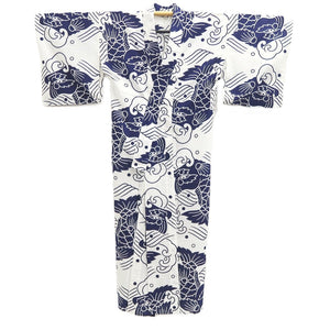 Yukata Vintage(1950-1980) White Navy Curling Wave Shachihoko Cotton #10479A5
