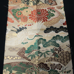 BB10050AD Silk Obi Fabric Crane Birds Green Red 72.0x10.2in(183x26cm)