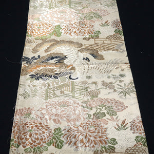 BB10040AC Silk Obi Fabric Vintage(1920-1950) Crane Birds Brown 72.8x11.4in(185x29cm)