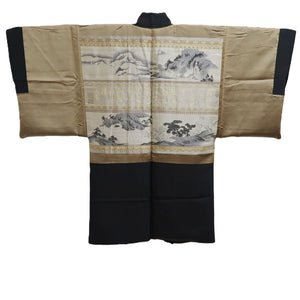 Men's Haori Vintage(1950-1980) Black Montsuki Kanji Landscape Silk #10414A2