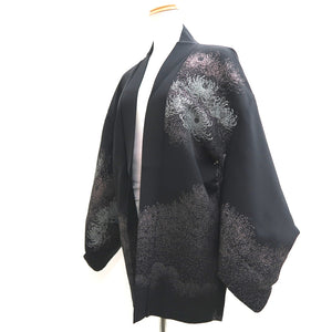 Haori Jacket Vintage(1950-1980) Black Silver Chrysanthemum Silk #9773A4
