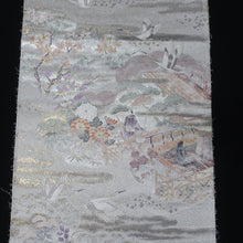 Load image into Gallery viewer, BB10080AF Silk Obi Fabric Heian Princess Crane Birds Silver 50.8x10.6in(129x27cm)
