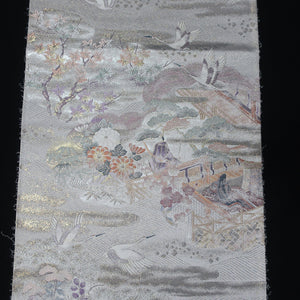 BB10080AF Silk Obi Fabric Heian Princess Crane Birds Silver 50.8x10.6in(129x27cm)