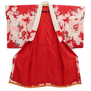 Juban Vintage(1950-1980) Red Pink Crane Birds Plum blossom Silk #10507B1