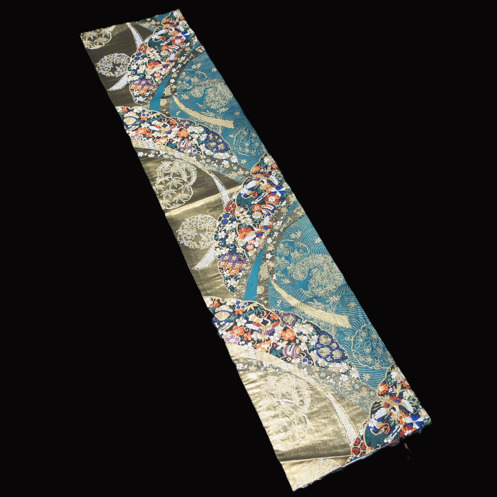 BB10020AB Silk Obi Fabric Crane Birds Gold Green 51.6x11.0in(131x28cm)