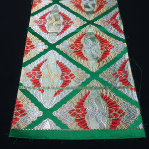 BB10070AE Silk Obi Fabric Crane Birds Green Gold 49.2x10.2in(125x26cm)