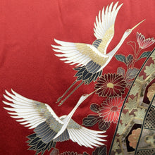Load image into Gallery viewer, Furisode Red Gold Crane Birds Silk #11084A5
