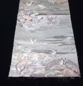 BB10080AF Silk Obi Fabric Heian Princess Crane Birds Silver 50.8x10.6in(129x27cm)