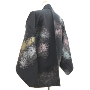 Haori Jacket Vintage(1950-1980) Black Silver Chrysanthemum Silk #9773A4