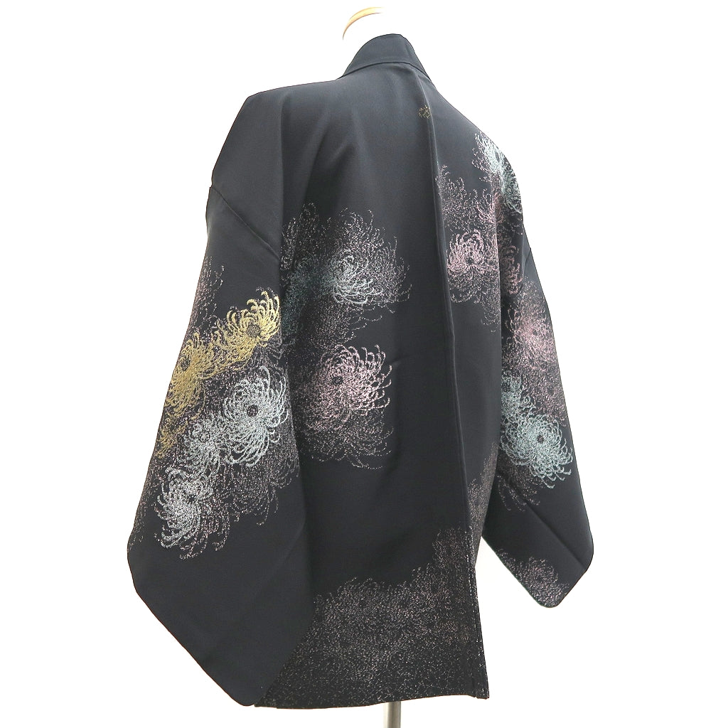 Haori Jacket Vintage(1950-1980) Black Silver Chrysanthemum Silk #9773A4