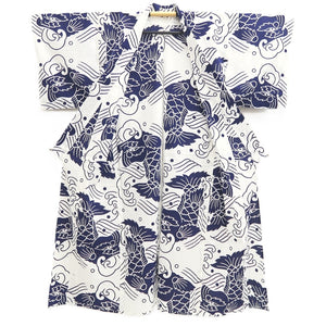 Yukata Vintage(1950-1980) White Navy Curling Wave Shachihoko Cotton #10479A5
