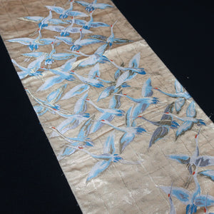 BB10009AB Silk Obi Fabric Crane Birds Gold 53.9x10.2in(137x26cm)