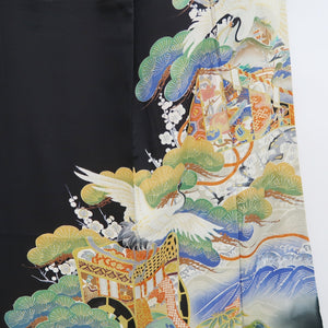 Tomesode Vintage(1920-1950) Black Hand painted Crane Birds Silk #10405A1