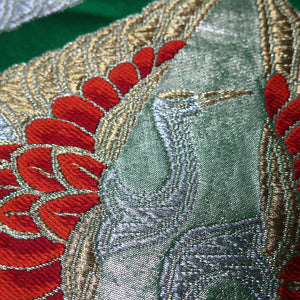 BB10070AE Silk Obi Fabric Crane Birds Green Gold 49.2x10.2in(125x26cm)