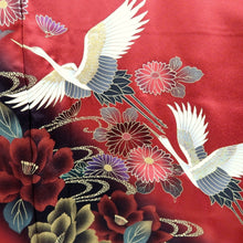 Load image into Gallery viewer, Furisode Red Gold Crane Birds Silk #11084A5
