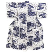 Load image into Gallery viewer, Yukata Vintage(1950-1980) White Navy Curling Wave Shachihoko Cotton #10479A5
